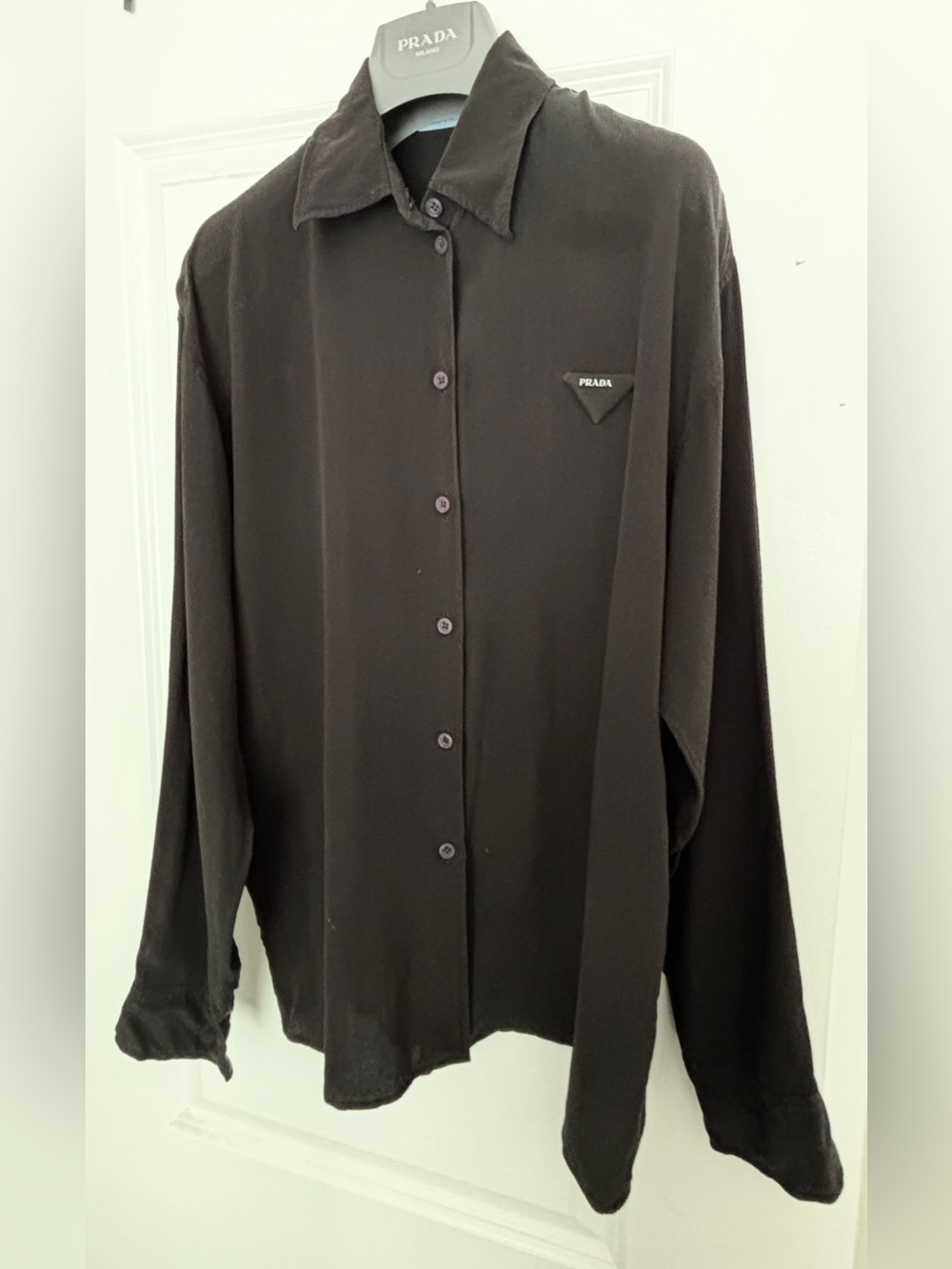 Prada Crepe de Chine 100% Silk Long-Sleeve Button-Down Logo Shirt